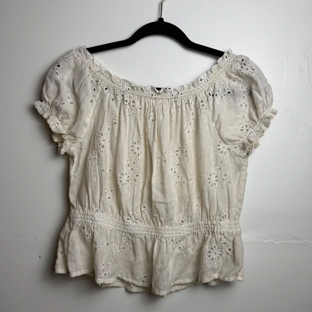 Free People Cream Eyelet Embroidery Peasant Blouse Cottagecore Puff Sleeve Top M